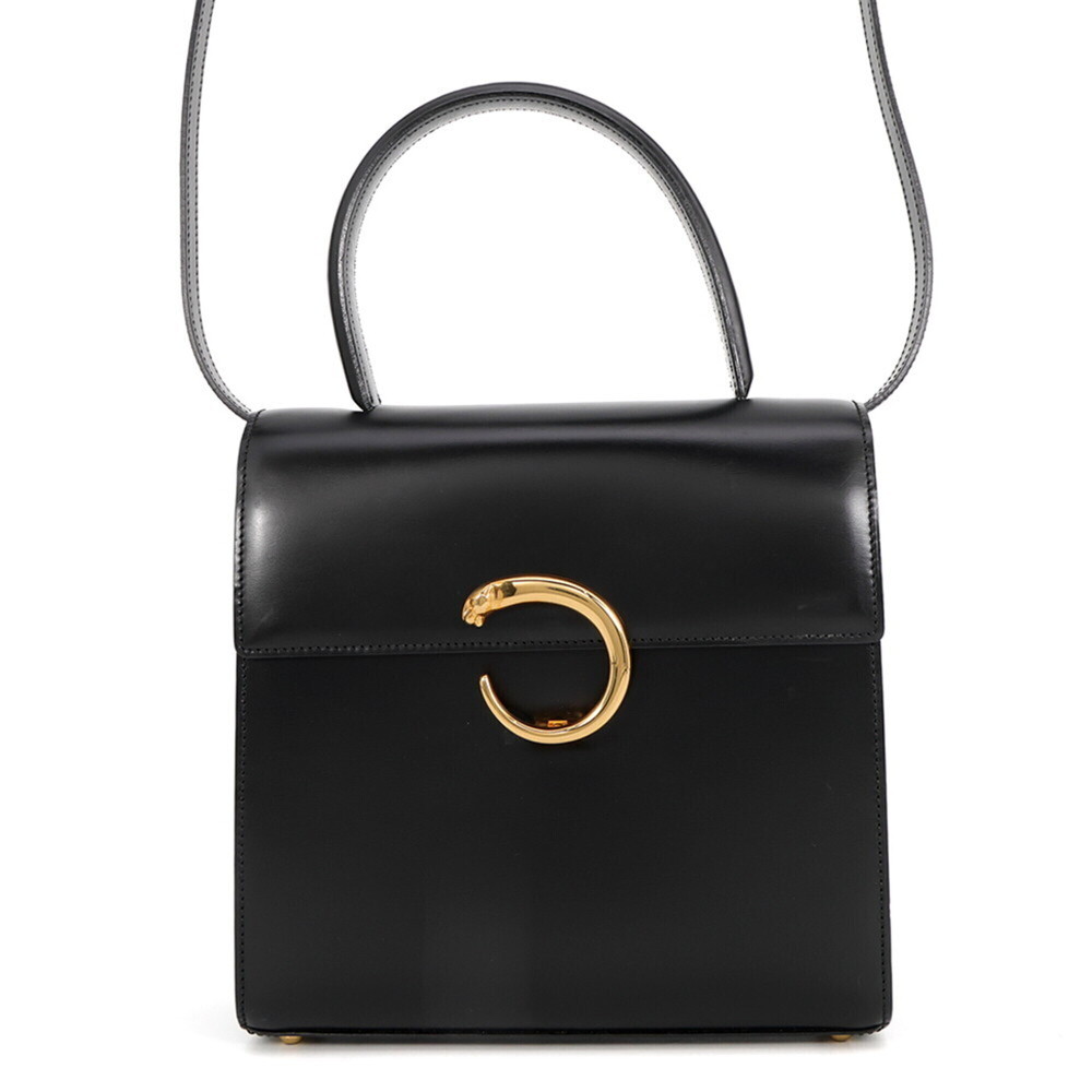Cartier Panthère Leather Handbag, 2-way Shoulder Bag, Black, Handbag